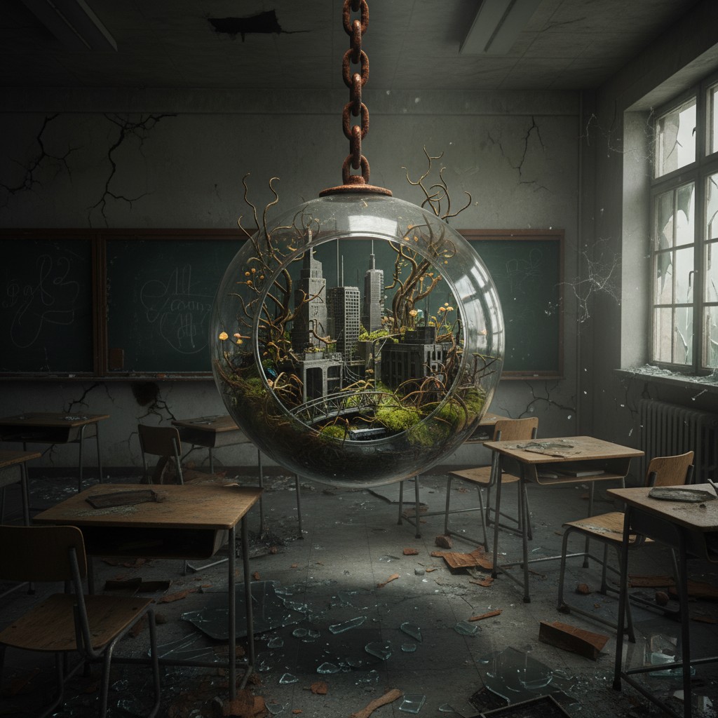 [Caption: A dystopian forest biome inside a glass sphere suspended over a heavily vandalised school classroom or deserted ...