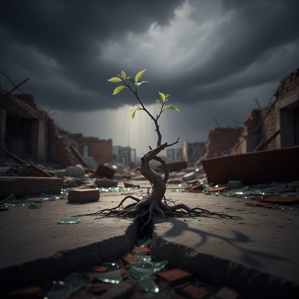 a lone plant growing through a crack in the ground of a ruined city with dramatic storm clouds above.