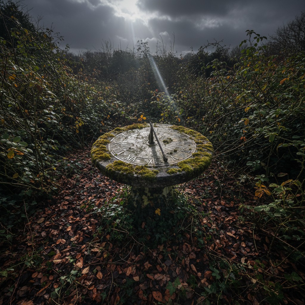 An old sundial covered in moss in a wooded area with a dramatic, overcast sky and sun shining through the clouds.