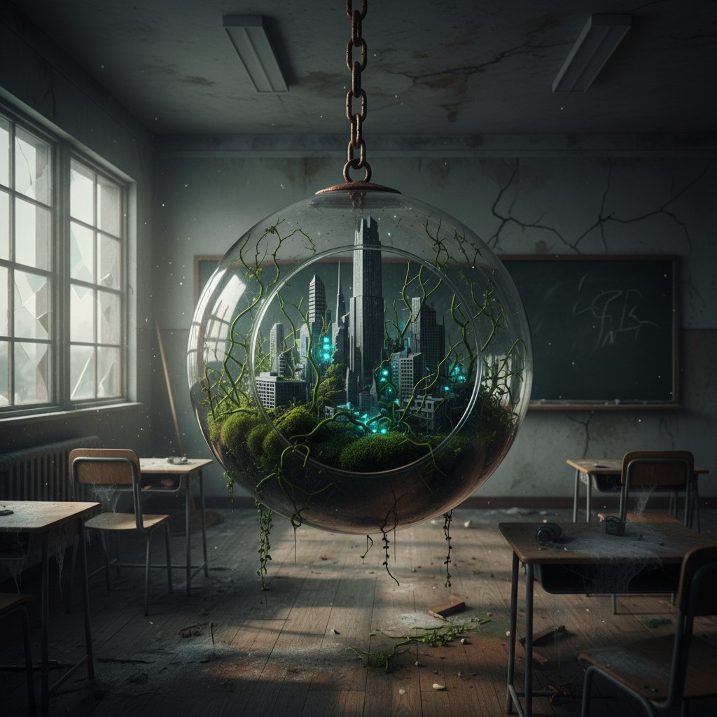 A dystopian scene featuring a floating glass orb amidst a desolate classroom, hinting at a post-apocalyptic or decaying so...