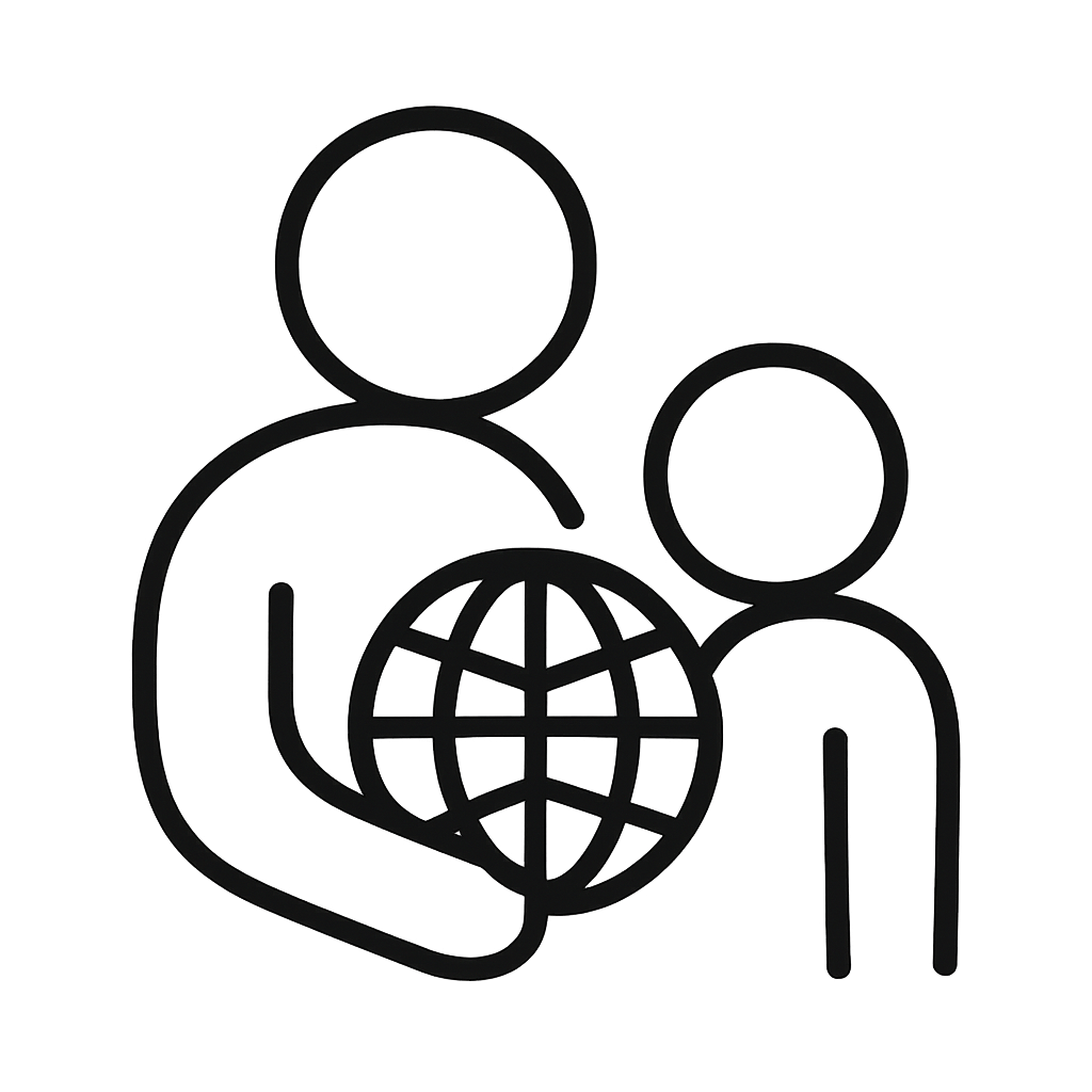 A simple icon representation of two people alongside a globe.